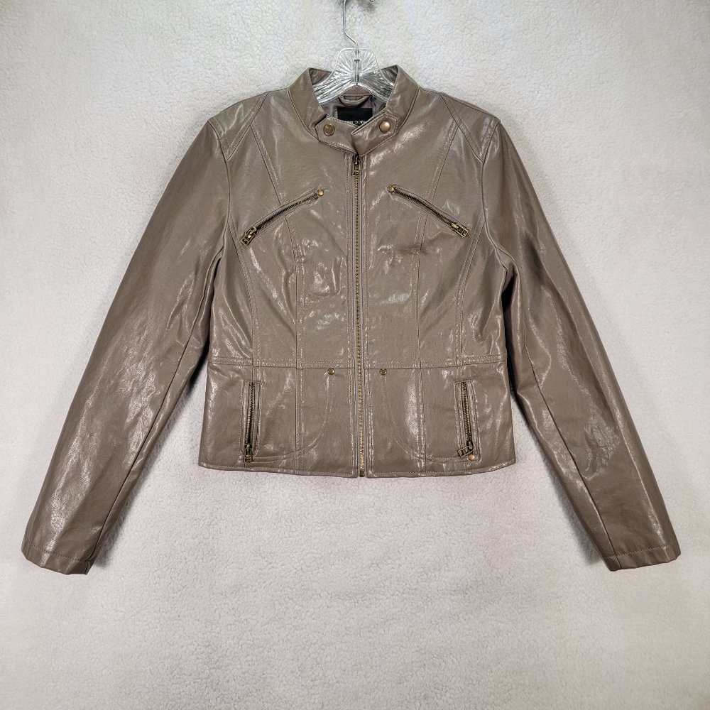 Poetry Clothing Taupe Gray Faux Leather High Neck Moto Racing Zip Jacket Coat